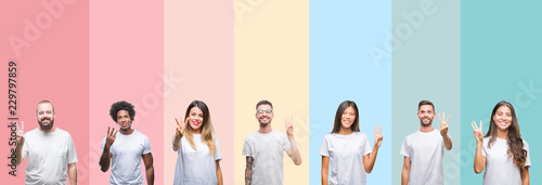 Collage of different ethnics young people wearing white t-shirt over colorful isolated background showing and pointing up with fingers number three while smiling confident and happy.