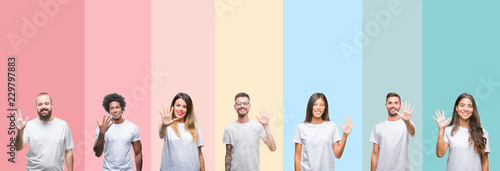 Collage of different ethnics young people wearing white t-shirt over colorful isolated background showing and pointing up with fingers number five while smiling confident and happy.