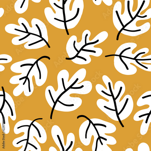 Autumn leaves vector seamless pattern. Oak leaf seaonal background white, black, and gold for textile, digital paper, wallpaper, web banner, invitation, Thanksgiving, page fill, card, packaging