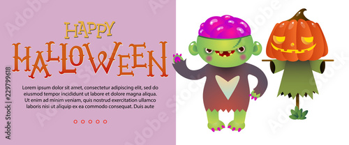 Happy Halloween lettering with zombie and scarecrow. Invitation or advertising design. Typed text, calligraphy. For leaflets, brochures, invitations, flyers, posters or banners.