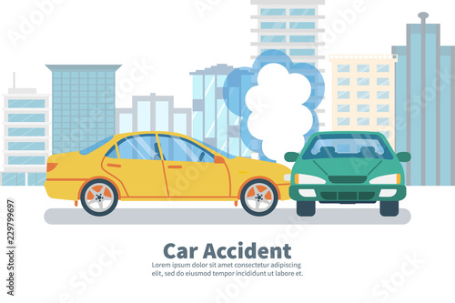 Fototapeta Naklejka Na Ścianę i Meble -  Car accident concept on background of big city. Transport incident, cartoon style. Vector illustration flat design. Two vehicle collided on the road. Crash car. Violation of driving safety rules.