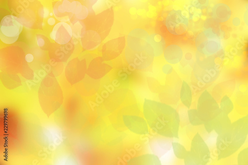 Abstract autumn gradient yellow green bright background texture with leaves and bokeh circles. Space. Card design.