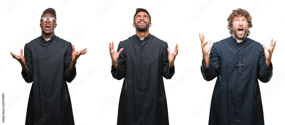 Collage of christian priest men over isolated background crazy and mad shouting and yelling with aggressive expression and arms raised. Frustration concept. Collage of christian priest men over isolated background crazy and mad shouting and yelling with aggressive expression and arms raised. Frustration concept.