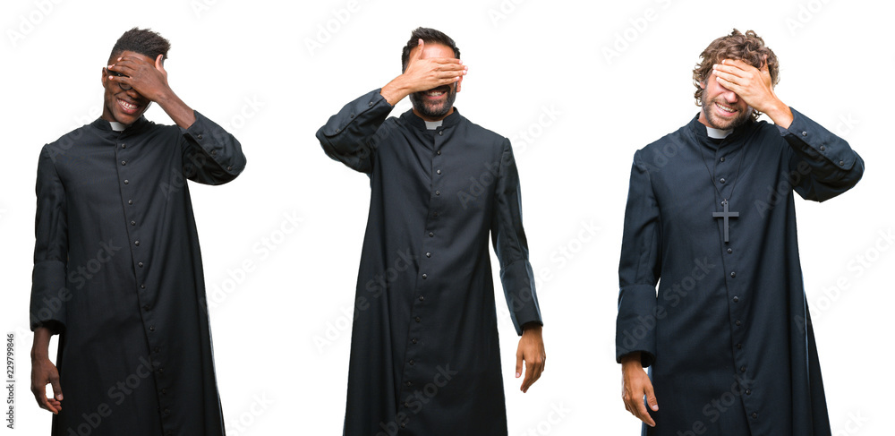 Collage of christian priest men over isolated background smiling and laughing with hand on face covering eyes for surprise. Blind concept.