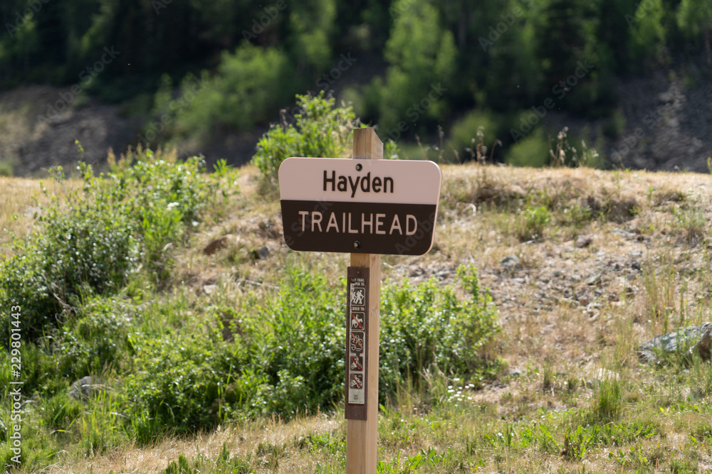 Sign for the Hayden Trailhead, a hiking trail near the Red Mountain Creek in Ouray Colorado. Uncompahgre National Forest