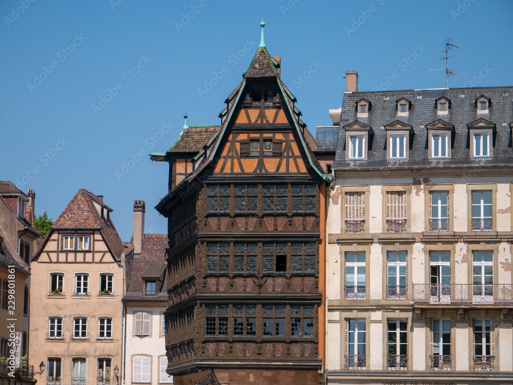 Row of old historical houses in Strasbourg, France, on a warm day in summer