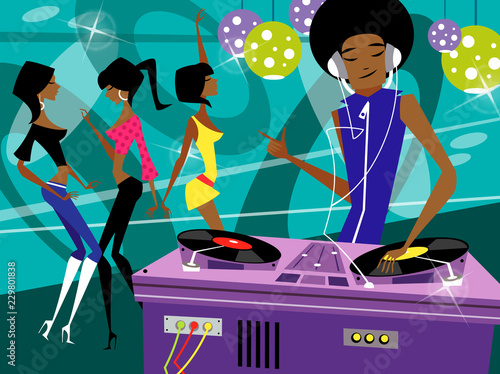Male disc jockey playing music with three women dancing on the dance floor