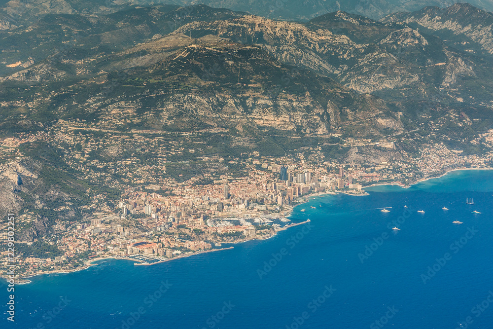 coastline and skyline of Monaco - French Riviera -Côte d’Azur - aerial view