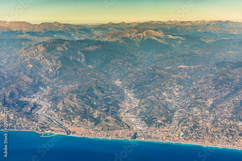 coastline along Ventimiglia and Vallecrosia - province Imperia, Ligurian, Italy - aerial view