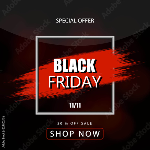 Black friday sale banner over black background. Red blot with text on black background. Black friday logo for banners, web pages, brochure layouts, headlines and flyers, design. Vector illustration.