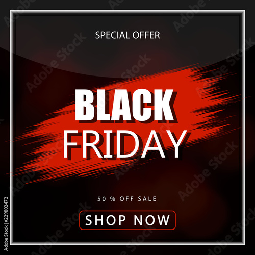 Black friday sale banner over black background. Red blot with text on black background. Black friday logo for banners, web pages, brochure layouts, headlines and flyers, design. Vector illustration.