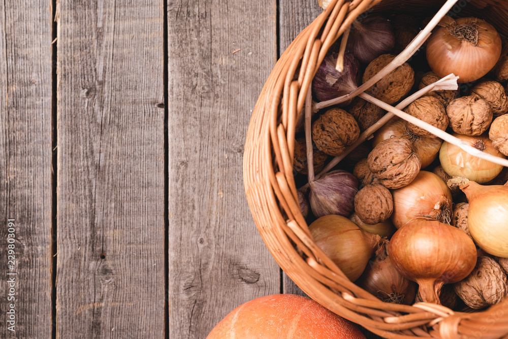 Healthy autumn harvest in a basket with nuts, onions and garlic with free space for lettering.