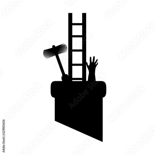 Silhouette chimney sweep in pipe with tools, got to work and got stuck. Vector illustration for designers