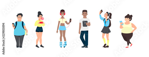 Millennial teenagers with smartphones. Group of multicultural friends using gadgets. Teens using social media.