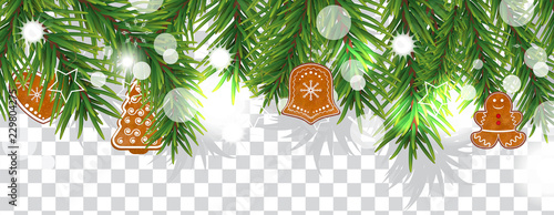 Christmas and happy New Year border of Christmas tree branches with cookies on transparent background. Holidays decoration. Vector