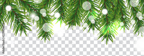 Fototapeta Naklejka Na Ścianę i Meble -  Christmas and happy New Year border of Christmas tree branches on transparent background. Holidays decoration. Vector illustration.