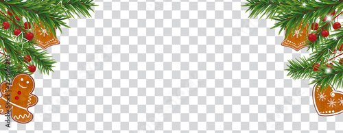 Christmas and happy New Year frame of Christmas tree branches with cookies and holly berryon transparent background. Holidays decoration. Vector illustration.