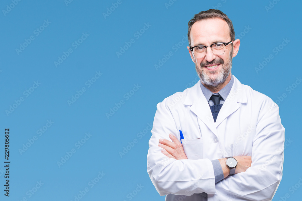 Middle age senior hoary professional man wearing white coat over isolated background happy face smiling with crossed arms looking at the camera. Positive person. Middle age senior hoary professional man wearing white coat over isolated background happy face smiling with crossed arms looking at the camera. Positive person.
