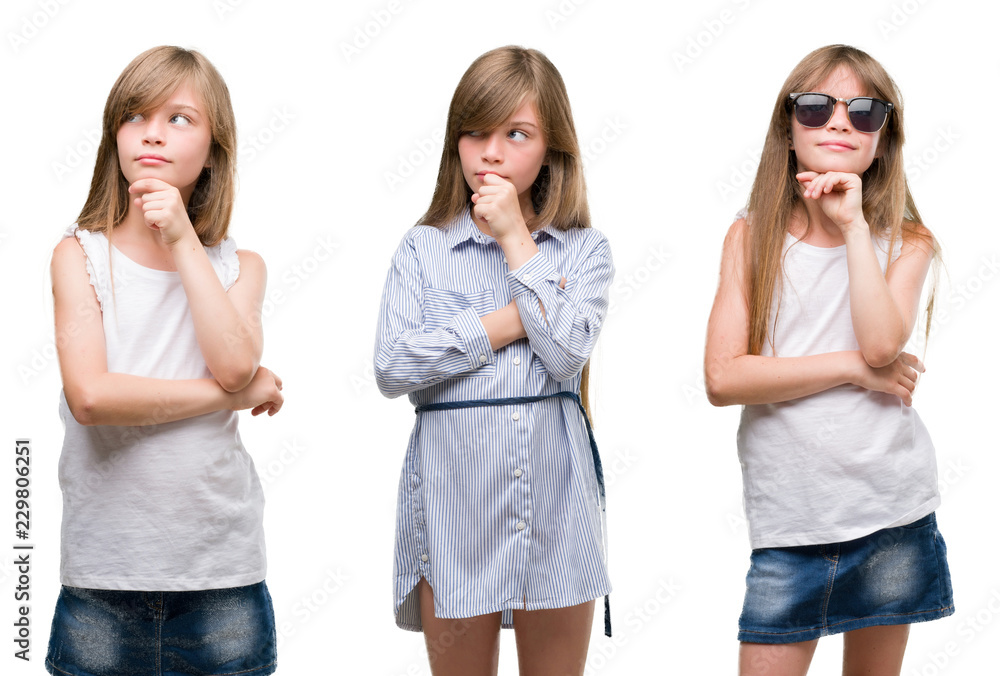 Collage of blonde girl kid over isolated background serious face thinking about question, very confused idea Collage of blonde girl kid over isolated background serious face thinking about question, very confused idea