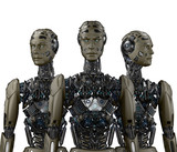 Group of robots or very detailed futuristic cyborgs. Three humanoids standing and looking around. Front view. Isolated on white background. 3D illustration.
