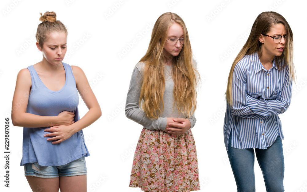 Collage of group of blonde women over isolated background with hand on stomach because nausea, painful disease feeling unwell. Ache concept. Collage of group of blonde women over isolated background with hand on stomach because nausea, painful disease feeling unwell. Ache concept.