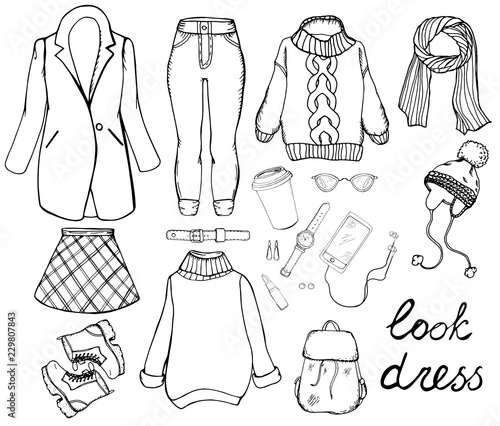 Hand drwan set of isolated elements of clothing and accessories in graphic on white background. Unique style, casual wardrobe in vector