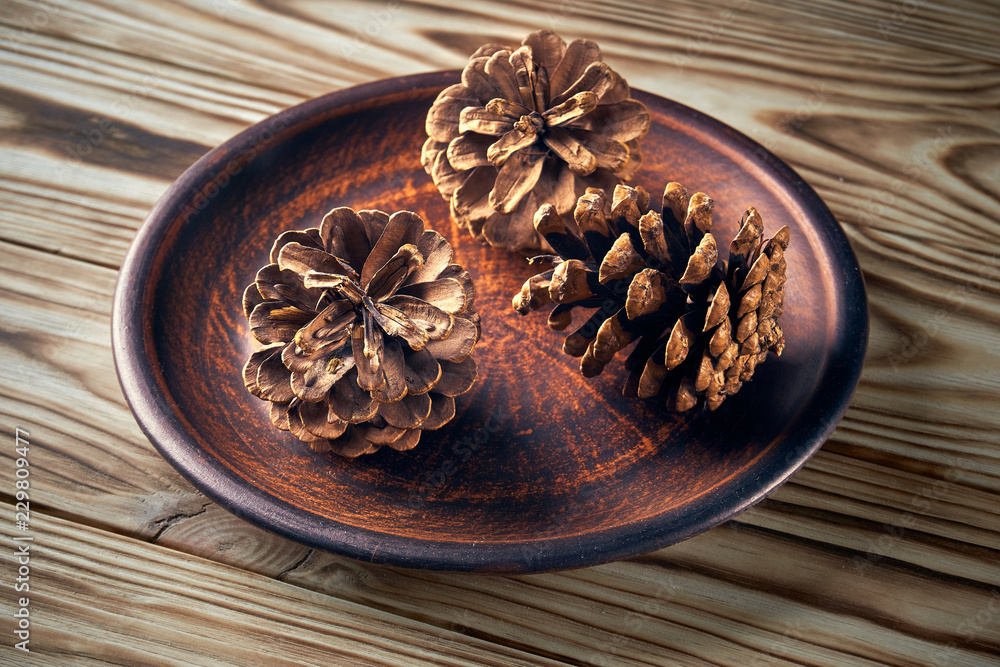 Pine cones on a dark clay plate