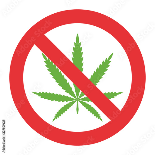 No Cannabis, stop drugs. Marijuana leaf prohibition sign, Vector icon illustration.