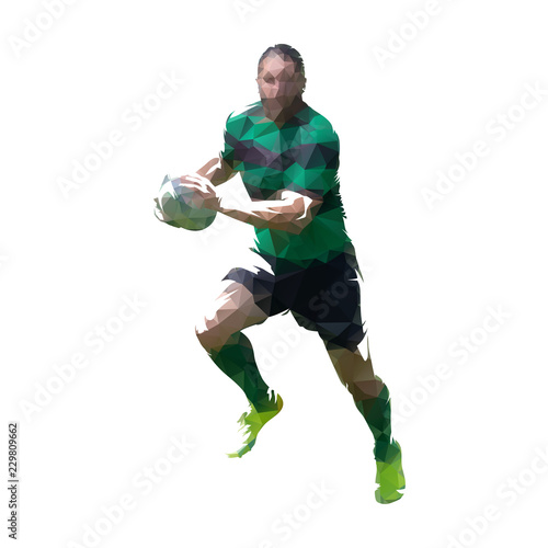 Rugby player running with ball, geometric vector illustration