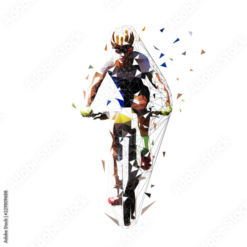 Mountain cycling  low polygonal  mtb biker  isolated geometric vector illustration. Front view