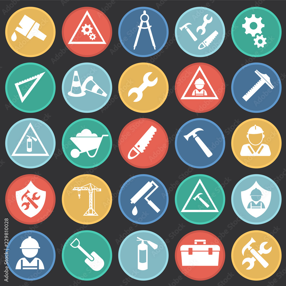 Tools and Construction set on color circles flat background icons Tools and Construction set on color circles flat background icons