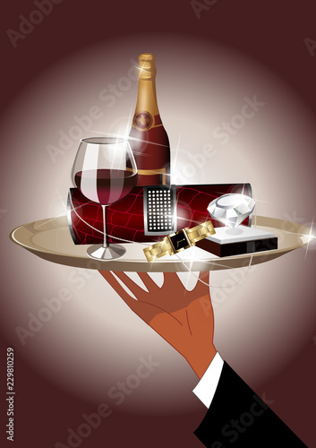 Close-up of a waiter's hand holding a tray