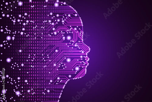 Big data and artificial intelligence concept. Machine learning and cyber mind education concept in form of child face outline with circuit board and binary data flow on purple background.