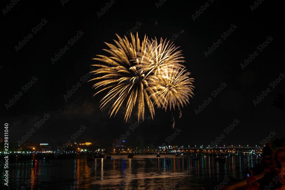 Fireworks of yellow tassels similar to the leaves of a palm tree on the day of the city in Kostroma