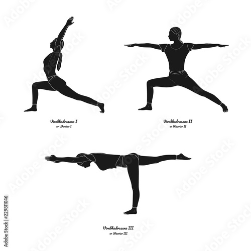 Set of Virabhadrasana I, II, III (Warrior I, II, III). Vector.	