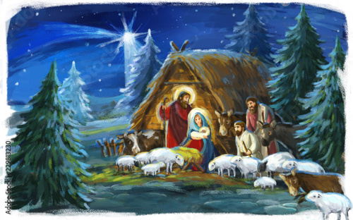 Canvas Print religious illustration of holy family Josef and Mary- traditional scene with she