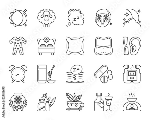 Insomnia simple black line icons vector set