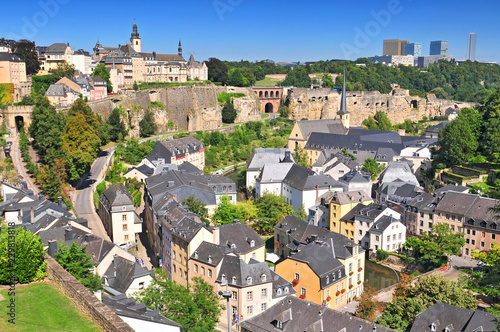View from the city ramparts down to the Plateau du Rham & Grund areas of Luxembourg city, the Grand Duchy Luxembourg. photo