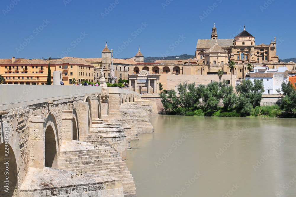 Mosque Cathedral (La Mezquita) and Roman Bridge on Guadalquivir river in Cordoba, Spain, Andalusia region.