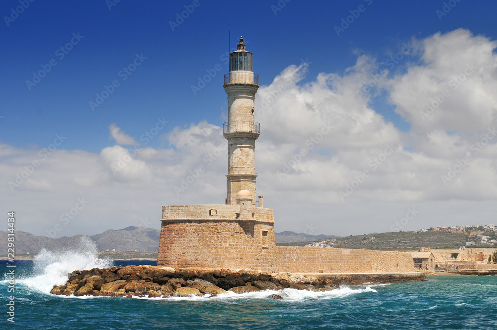 Chania port lighthouse, Crete Island, Greece.