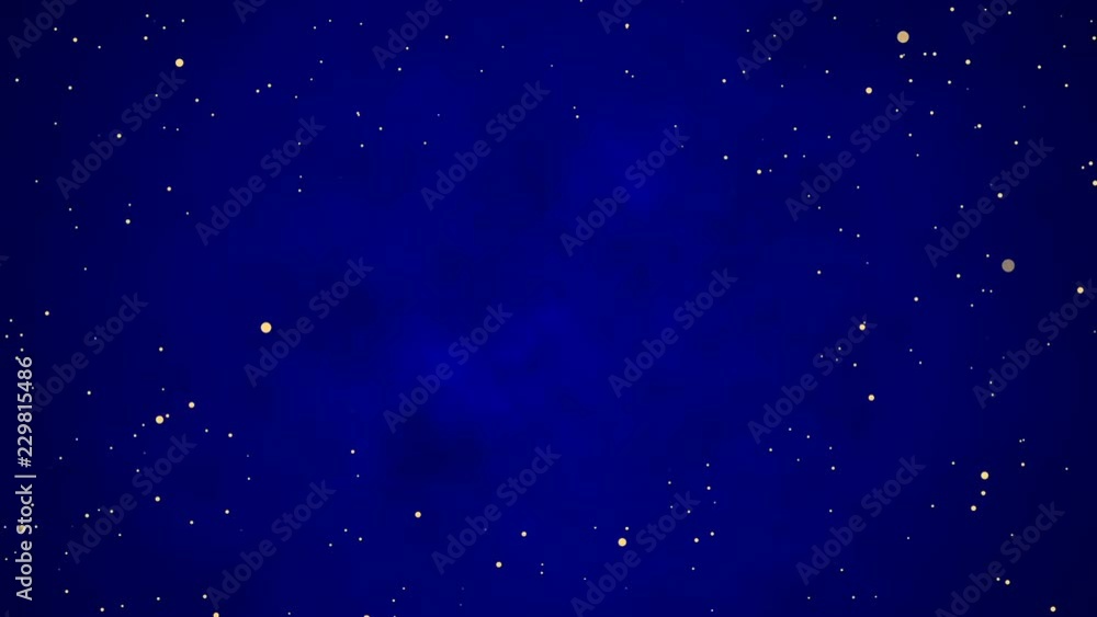 Animation of golden particles on dark blue sky. Cloudy night sky with sparkling stars. Place in center for logo. Circle text space. Christmas, birthday, wedding, new year party. Lopped seamless
