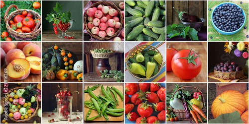 Collage with vegetables, berries and fruits. Cucumbers and tomatoes, Apple and strawberry, plum and peach.