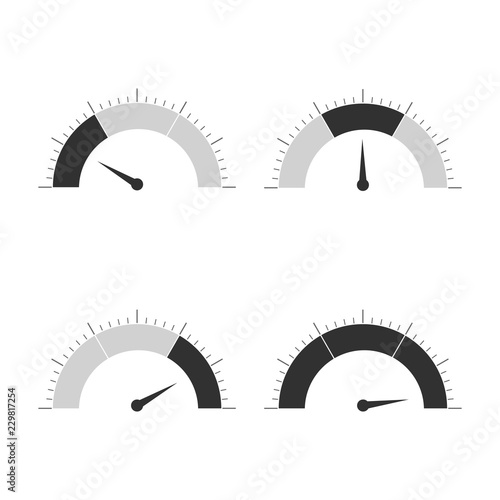 Meter icons set. Speedometer display, power interface, gauge with arrow to measure speed of a vehicle, gas oil or temperature. Vector flat style illustration, gray and black.