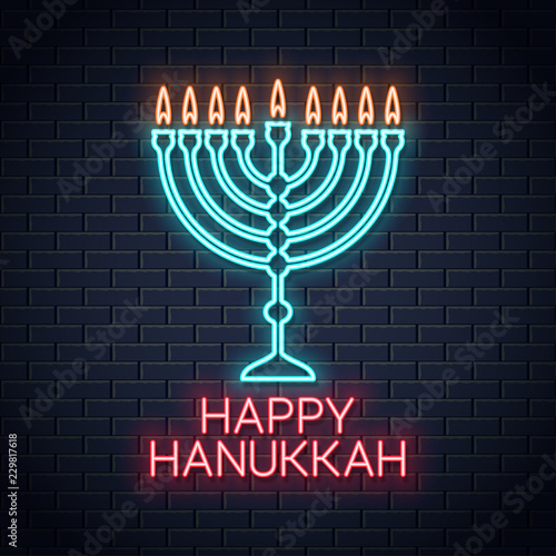 happy hanukkah neon sign on wall background
