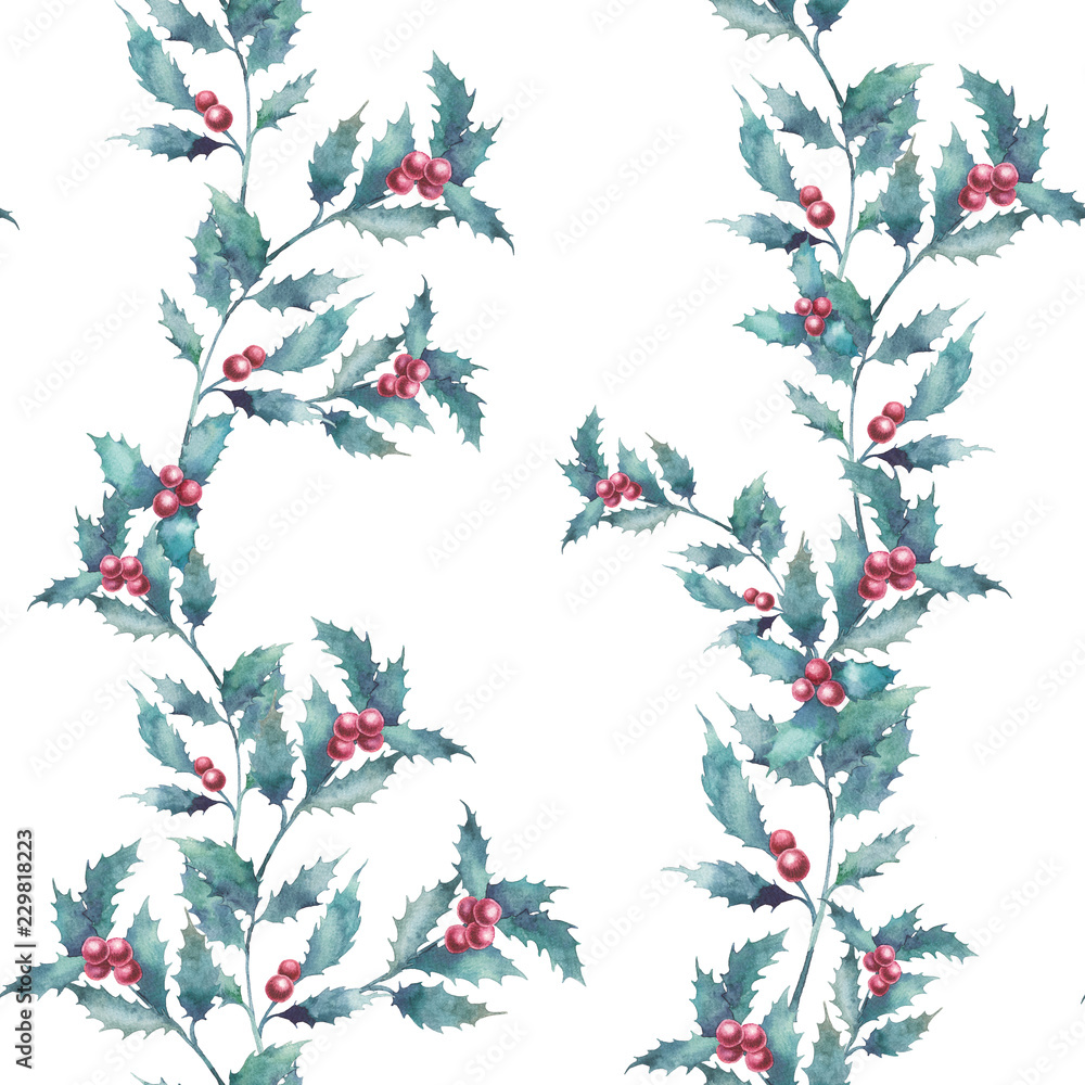 Watercolor Christmas plants seamless pattern. Hand drawn holly repeating texture.