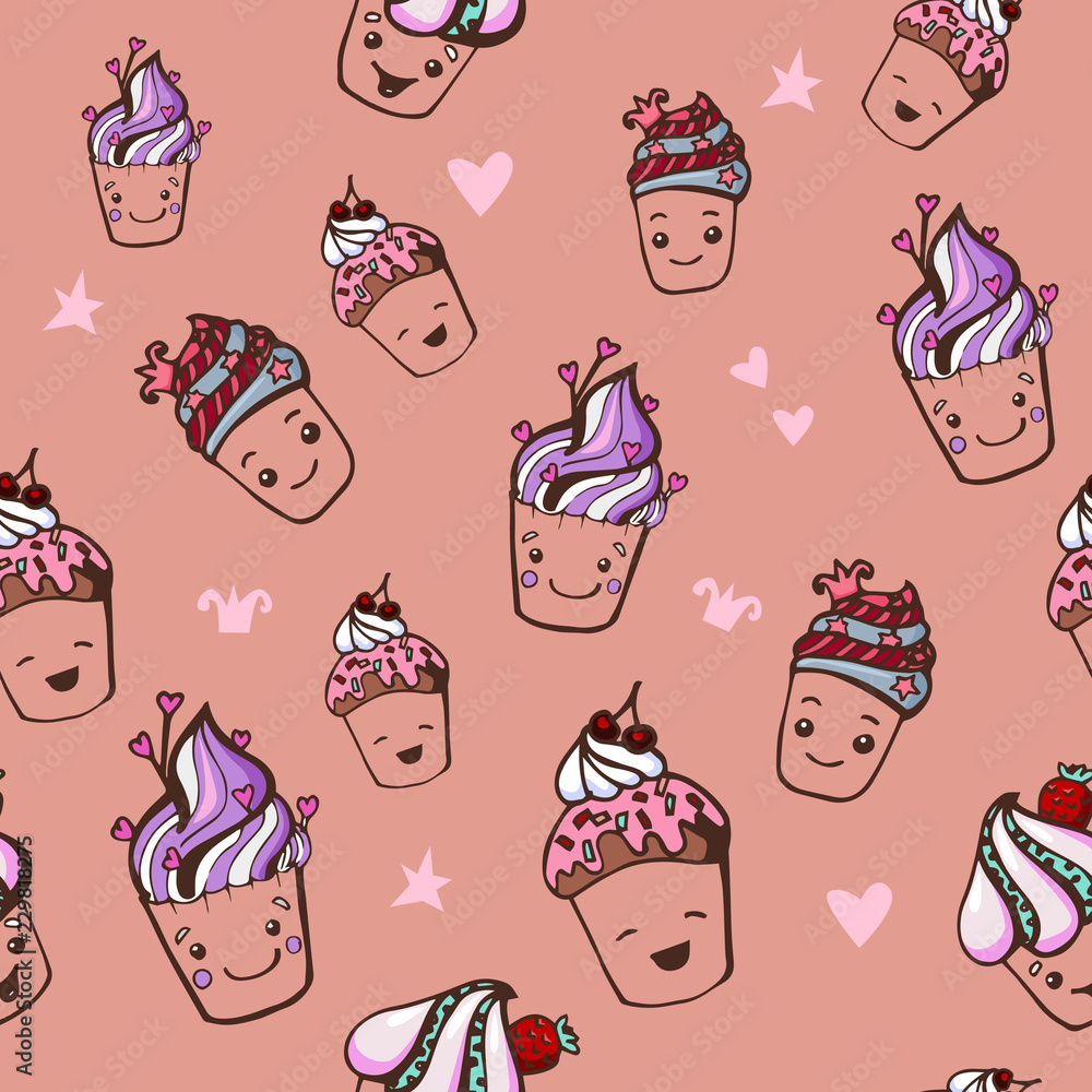 Seamless pattern with funny cupcakes