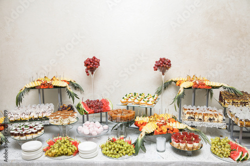 Candy bar. Table with sweets, candies, dessert.