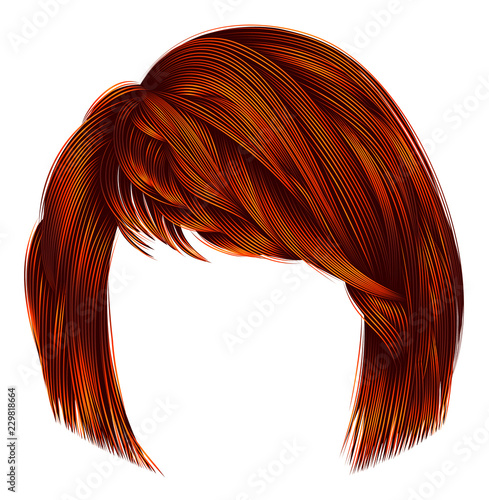 trendy  woman  hairs kare with fringe  .Red ginger redhead ginger colors .medium length . beauty style . realistic  3d .