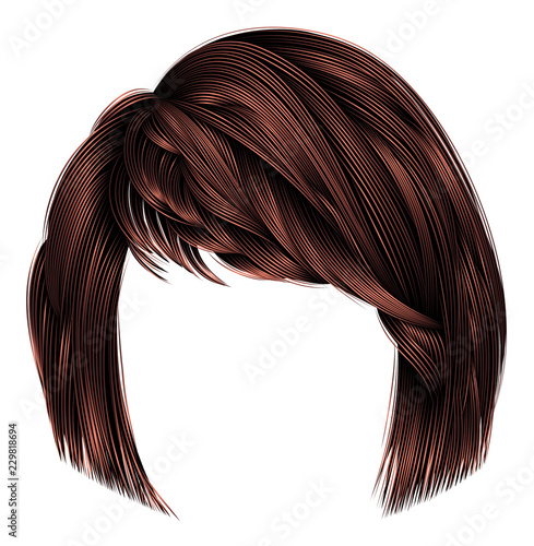 trendy  woman  hairs kare with fringe  . dark  brown   color . medium length . beauty style . realistic  3d .
