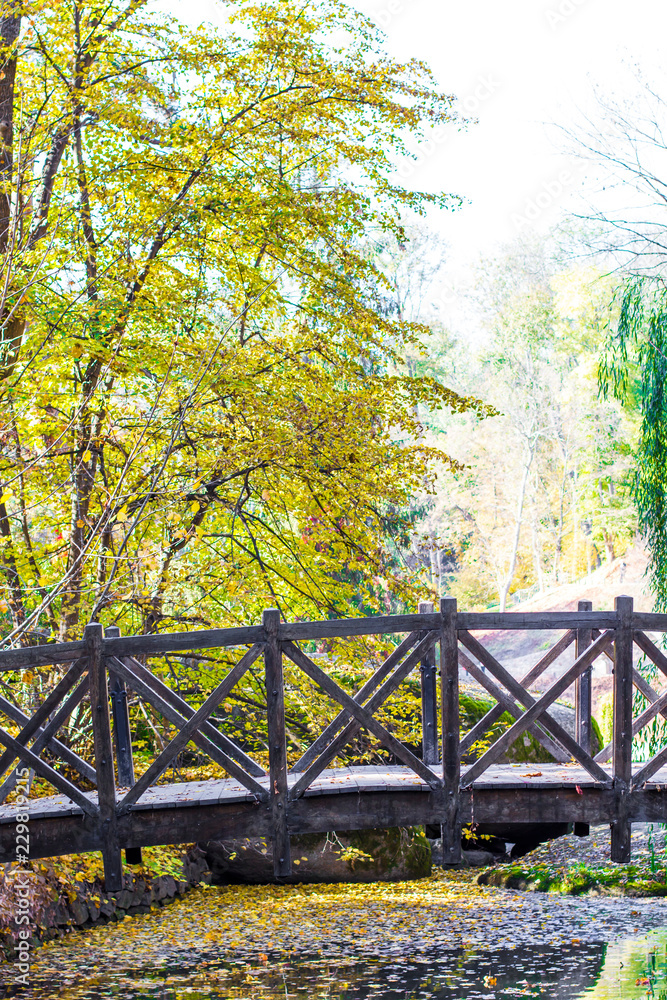 Wooden bridge over the river in the park Wooden bridge over the river in the park